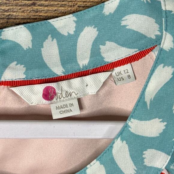 Boden Sylvie Sheer Lined Top Crop Sleeve Blood Orange Teal Brushstroke SZ 8 - Picture 4 of 10